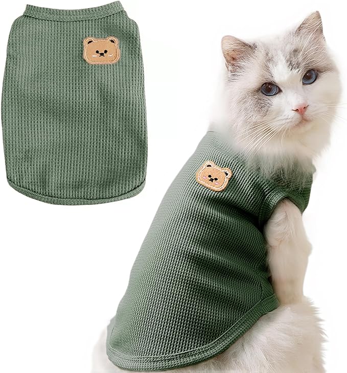 Waffle Knit Cat & Dog T Shirt for Small Dogs, Stretchable Puppy Shirt for Sphynx Cats & Small Breeds, Pet Clothes | Breathable Summer/Winter Apparel for Newborn(Green Medium)
