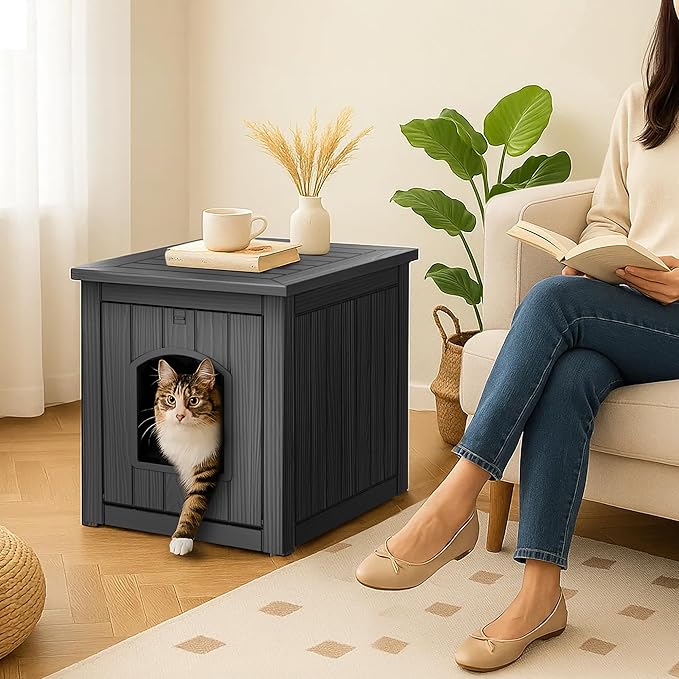 DRATO Outdoor Cat House -Weatherproof Resin Cat Houses for Cats, Durable, Easy Assembly,cat Igloo Outdoor，Durable & Insulated Shelter for Garden, Patio, or Backyard（Black，18.46 * 23.62 * 21.42）