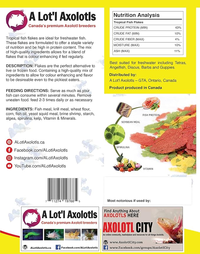 A Lot'l Axolotls Tropical Fish Flakes - Colour Enhancing - High Protein - Staple Food - 227g / 8 Oz Value Size