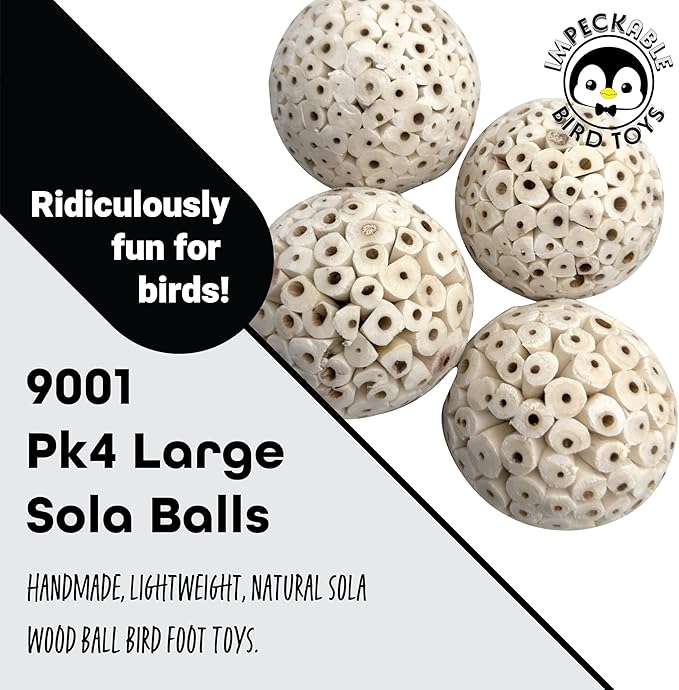 9001 Pk4 3.2 Inch Handmade Sola Wood Balls - Natural Bird Toys for Cage - Soft Shreddable Chewing Foot Toys for Cockatiel, Parakeet, Parrot & Conure - Safe Foraging Birdcage Accessories & DIY Parts