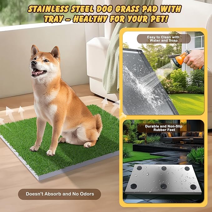 Upgrade Stainless Steel Dog Grass Pad with Tray, Potty Training System for Dogs, 4-Layer Quick Drainage & Odor Control, Heavy Duty Indoor Outdoor Grass Turf for Balcony, Porch, Home Use-31.5"x23.6"