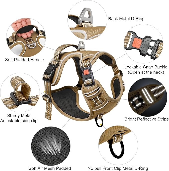 Timos Dog Harness Large Sized, No Pull Pet Harness with Neck Lockable Snap,No Choke Front Clip Dog Reflective Vest,Adjustable Metal Rings 3 Buckles,Easy Control Handle for Large Dogs Khaki L