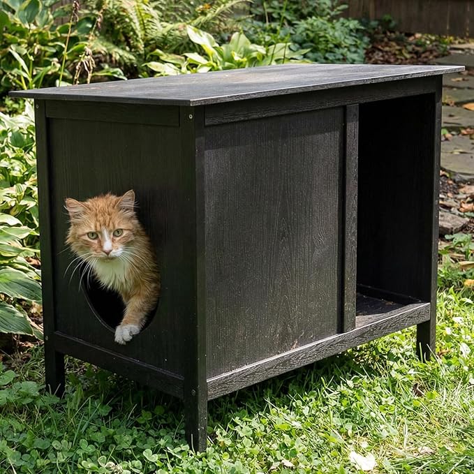 Veehoo Outdoor Cat House Weatherproof, Outside Feral Cat Shelter with Escape Door Design, Elevated Outdoor Pet Shelter for Stray Cats