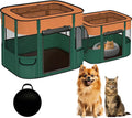 Portable Cat Playpen with Separate Areas, 2-in-1 Puppy Playpen & Cats Cage, Foldable Pet Tent for Indoor and Outdoor Use, Collapsible Tent Kennel Cage House(35.4"x27.6"x27.6", Orange & Green)