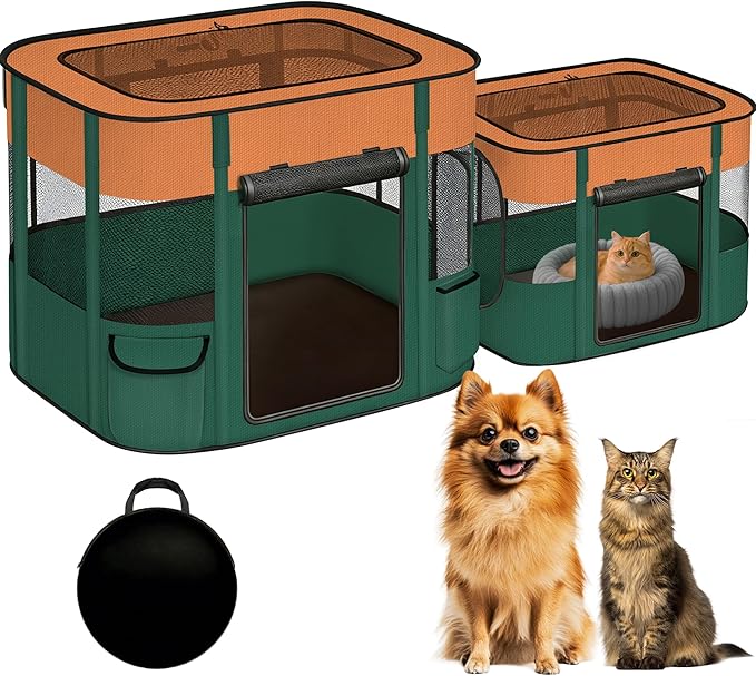 Portable Cat Playpen with Separate Areas, 2-in-1 Puppy Playpen & Cats Cage, Foldable Pet Tent for Indoor and Outdoor Use, Collapsible Tent Kennel Cage House(35.4"x27.6"x27.6", Orange & Green)
