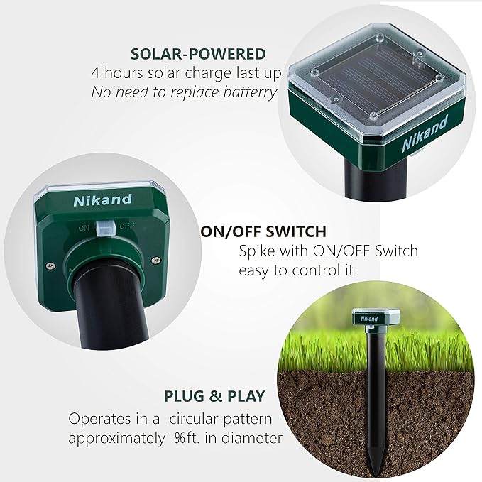 Mole Repellent Stakes 2 Pack - Gopher Repellent Ultrasonic Solar Powered - Sonic Spike Mole and Vole Deterrent for Lawn Garden & Yard - Electronic Devices Outdoors Pest Repeller Snakes Rodents Chaser