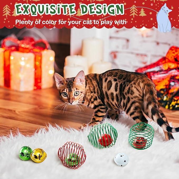 Jecery 5 Pcs Cat Spring Balls Toys Stretchable Rolling Balls Colorful Playful Coils Interactive Action Toy Caged Rats for Kitten Pet Supplies (Bell,Christmas Colors)