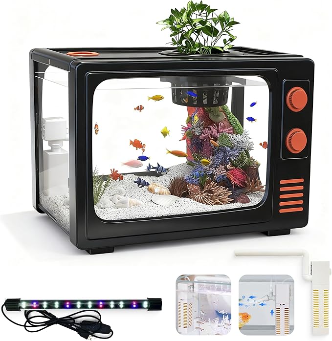 3 Gallon Fish Tank Aquarium Kit with LED Lights, Filter & Plant Planter - Retro TV Shaped Design Desktop Water Garden for Betta/Goldfish (Black - 3 Gallon)