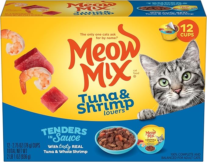 Meow Mix Tenders in Sauce Wet Cat Food,Tuna & Shrimp,2.75 Ounce Cup,(Pack of 96)