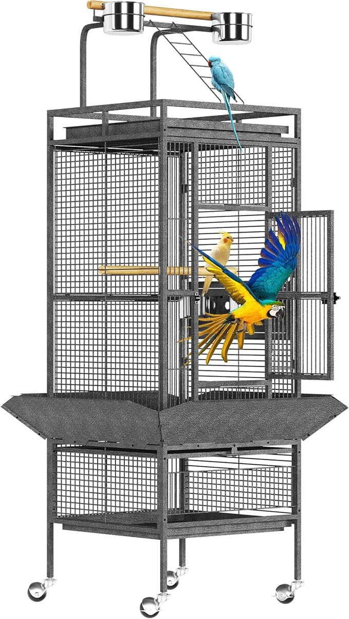 61" Tall Bird Cage - Large Bird Cage with Rolling Stand, Extra Wide Metal Parrot Cage with Play Top & Bowls, Flight Birds House for Macaws, Cockatoos, Conures, Parakeets, Lovebirds