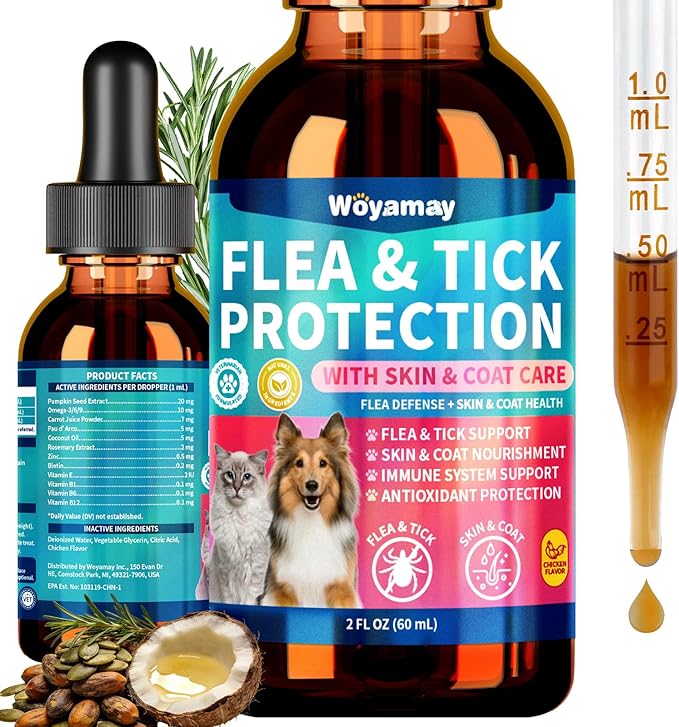 Flea Defense + Skin & Coat Support, Natural Flea and Tick Prevention for Dogs & Cats, Dog & Cat Flea Treatment with Pumpkin Seed & Omega-3/6/9, Flea Drops for All Breeds & Ages, Chicken Flavor