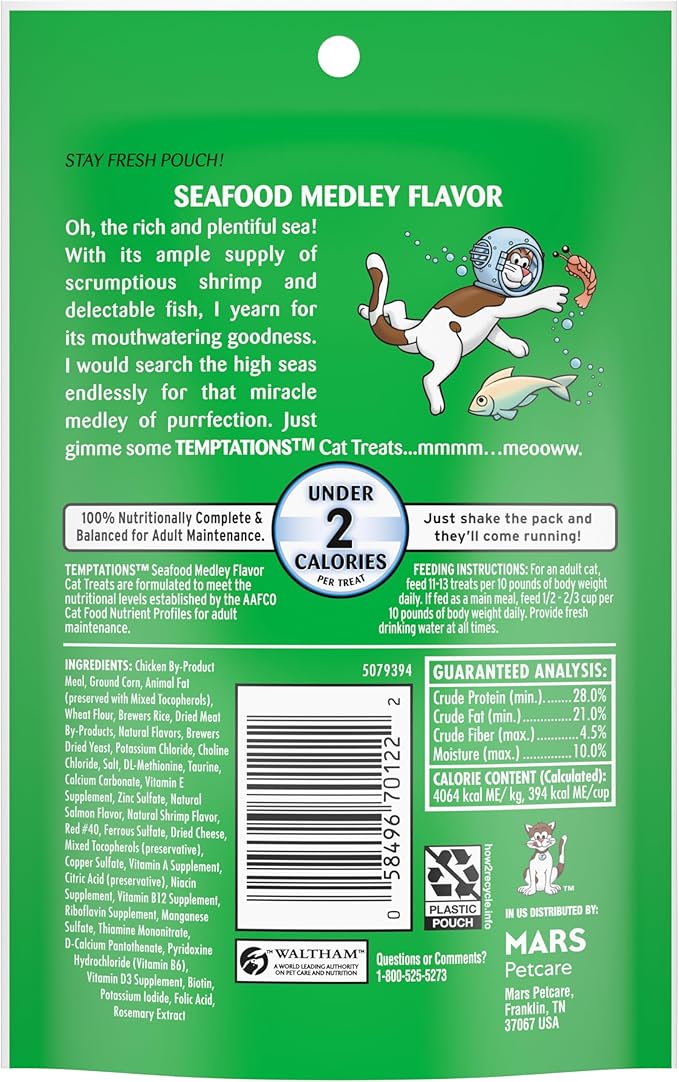 Temptations Cat Treats, Classic Crunchy and Soft Cat Treats, Seafood Medley Flavor, 3 oz. Pouch (Pack of 12)
