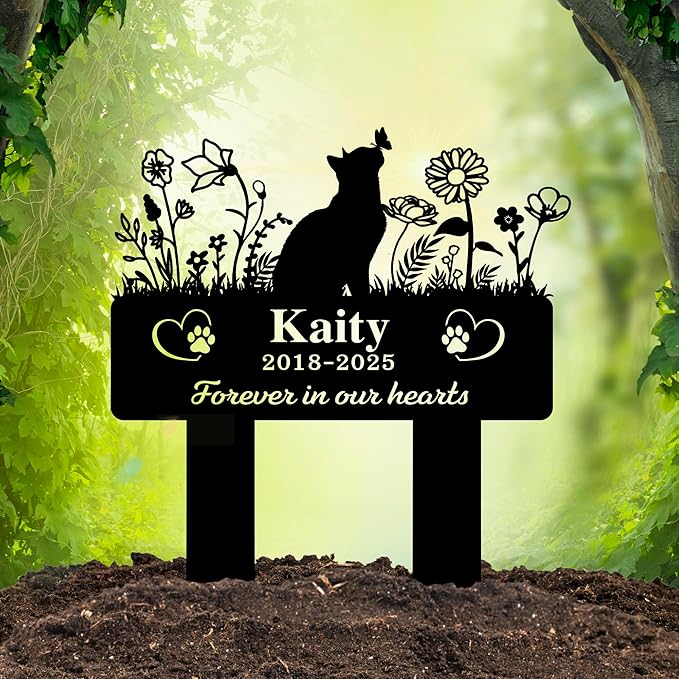 Custom Cat Grave Marker Outdoor | Personalized Pet Memorial Stone with Engraved Name & Lifespan Dates | Perfect Garden or Yard Tribute for Pet Loss | Durable Weatherproof Metal Material