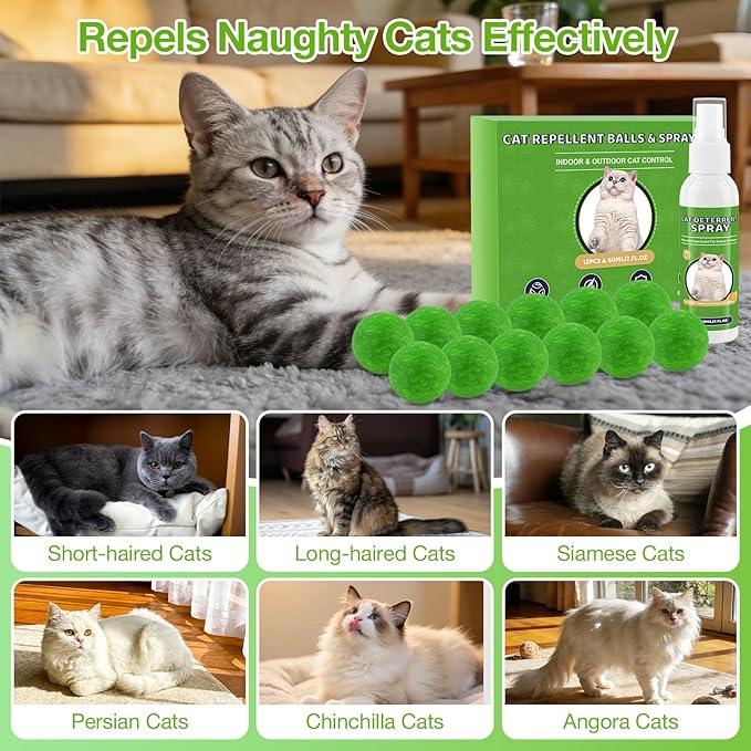 Cat Repellent Balls & Spray, Dog Repellent Outdoor & Indoor, Natural Peppermint Oil Cat & Dog Deterrent Spray 60ml, 12 Pack Natural Essential Oil Ball, Keep Cats Away from Yard, Furniture