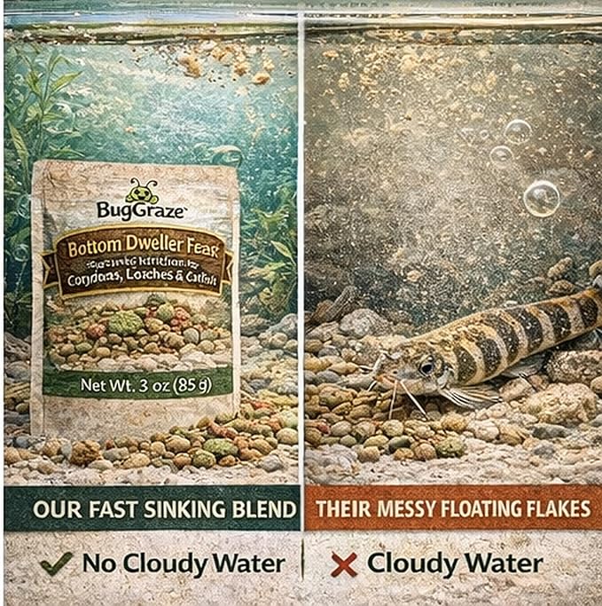 BugGraze Bottom Dweller Feast Sinking Blend Pellets & Algae Wafers for Corydoras, Plecos, Loaches & Catfish High Protein Daily Diet Clean Water Formula 3 oz Aquarium Fish Food