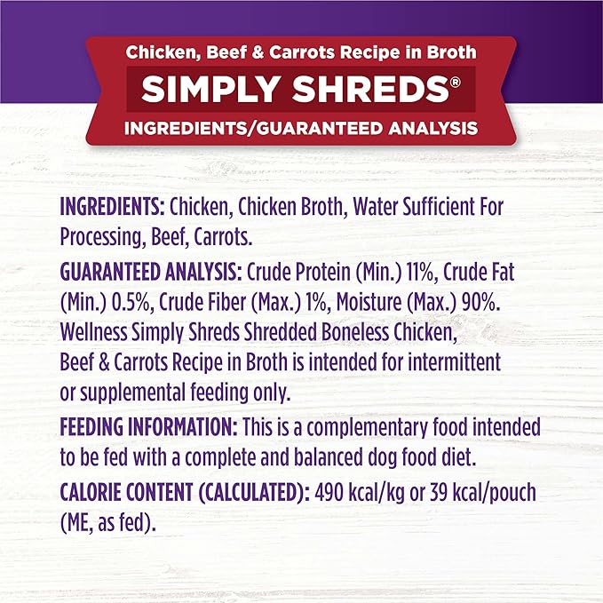 Wellness Bowl Boosters Simply Shreds Wet Dog Food Topper for Small,Medium,& Large Breeds,Grain Free,Natural,Chicken,Beef & Carrots,2.8 Ounce Pouch,(Pack of 24)