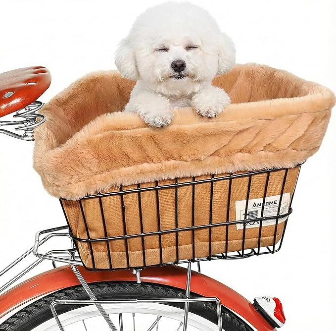 ANZOME Dog Bike Basket Liner (Liner Only), Soft Sherpa Padded Cover for Wire Bicycle Baskets, Warm Winter Pet Carrier Insert Bed with Durable Canvas & Elastic Fit (Brown)