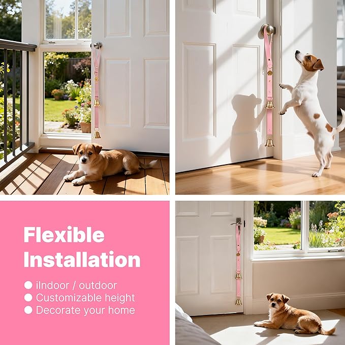 FOLKSMATE Leather Dog Door Bells for Potty Training, Big Brass Puppy Dog Door Bells Extra Loud for Dogs Training, Housebreaking, Door Knob, Dog Bell to Ring to Go Outside Puppy Pet Supplies Pink