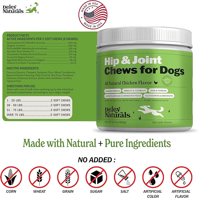 Deley Naturals Hip and Joint Supplement for Dogs - Glucosamine for Dogs with MSM, Chondroitin and Collagen Supplements - Joint Support for Mobility, Flexibility and Comfort - 120 Chicken Flavor Chews