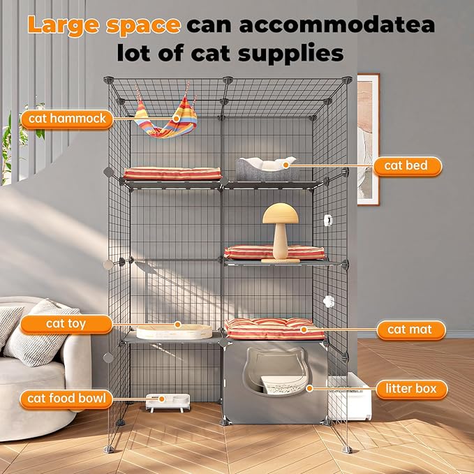 Oneluck Cat Cage with Litter Box, 4-Tier DIY Enclosures Detachable Metal Wire Kennel Catio Indoor Crate Large Exercise Place Ideal for 1-2 Cats