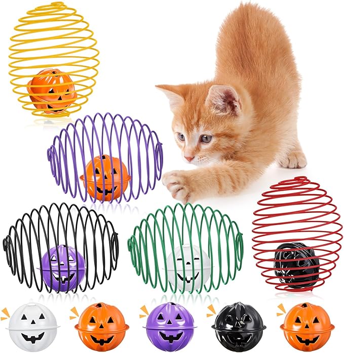 Jecery 5 Pcs Cat Spring Balls Toys Stretchable Rolling Balls Colorful Playful Coils Interactive Action Toy Caged Rats for Kitten Pet Supplies (Bell,Halloween Colors)