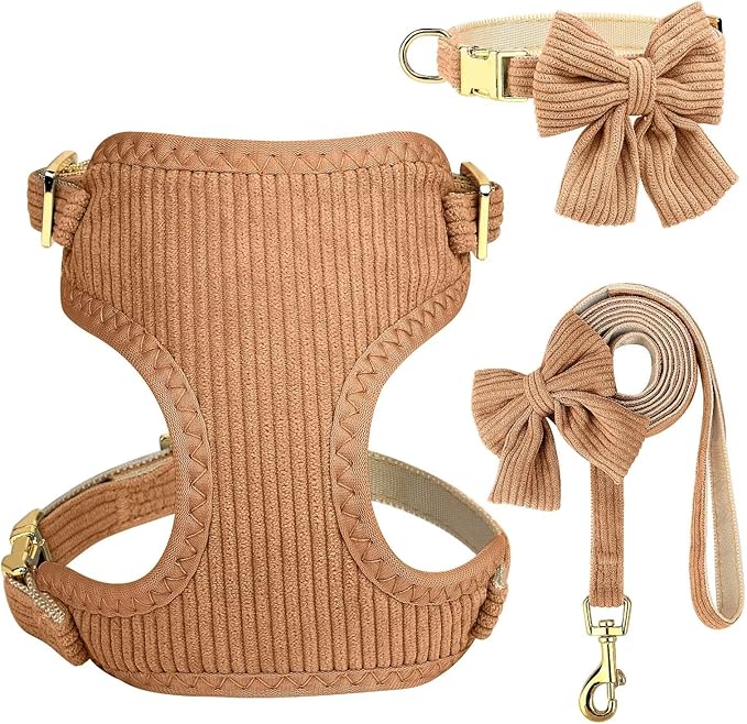 Didog Cute Small Dog Harness Collar and Leash Set with Bowtie, Breathable Soft Mesh Padded Puppy Harness, Dog Harness for Small Dogs Daily Walks Parties, Holiday Gatherings & Gifts, Brown, S