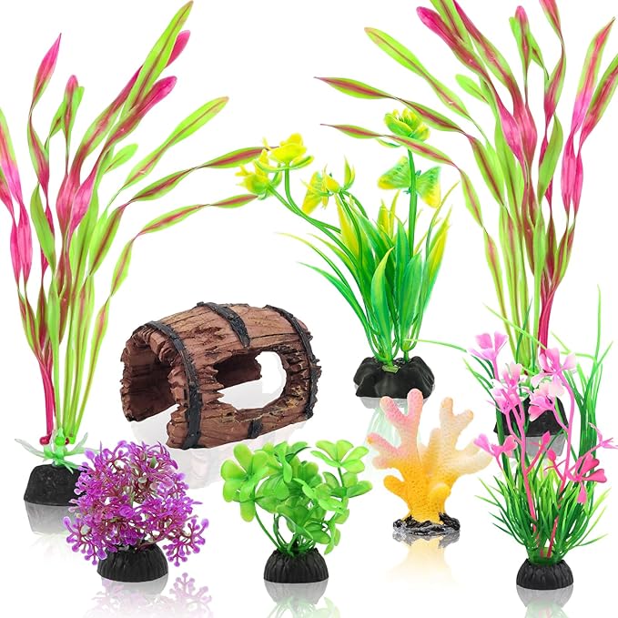 Small Fish Broken Barrel Decor Fish Tank Decorations Aquarium Accessories Plants Plastic Resin Barrel and Coral Hideout Ornaments Aquarium Decor Set 8 Pieces