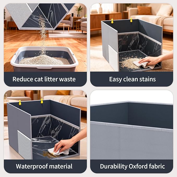 Aokeyee 2PCS Cat Litter Box Enclosure Splash Guard, All-in-One Large Waterproof Gray Litter Box Enclosure, Foldable Pet Litter Box Shield