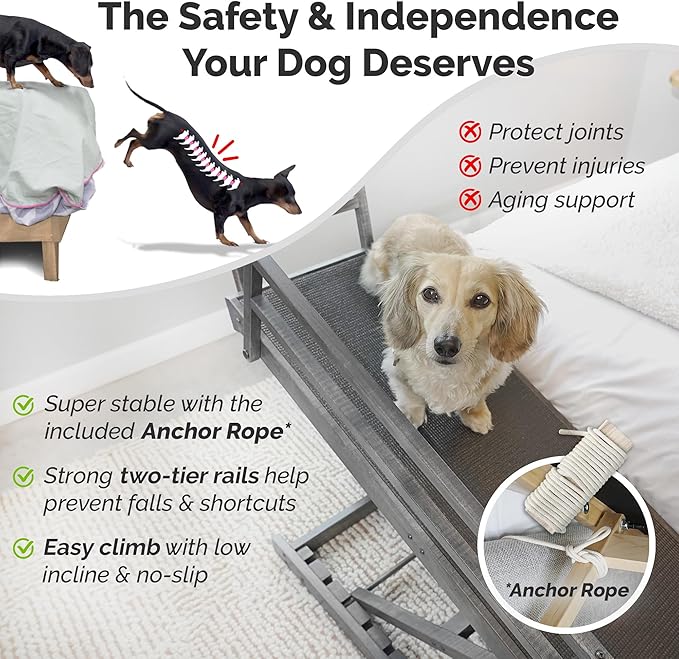 Dog Ramp for Bed, by DoggoRamps – Solid Hardwood Adjustable Dog Ramp for High Beds (up to 37" Tall) with Two-Tier Side Rails & Non-Slip Grip – Small Dog Bed Ramp up to 50lbs – 100% Made in N America