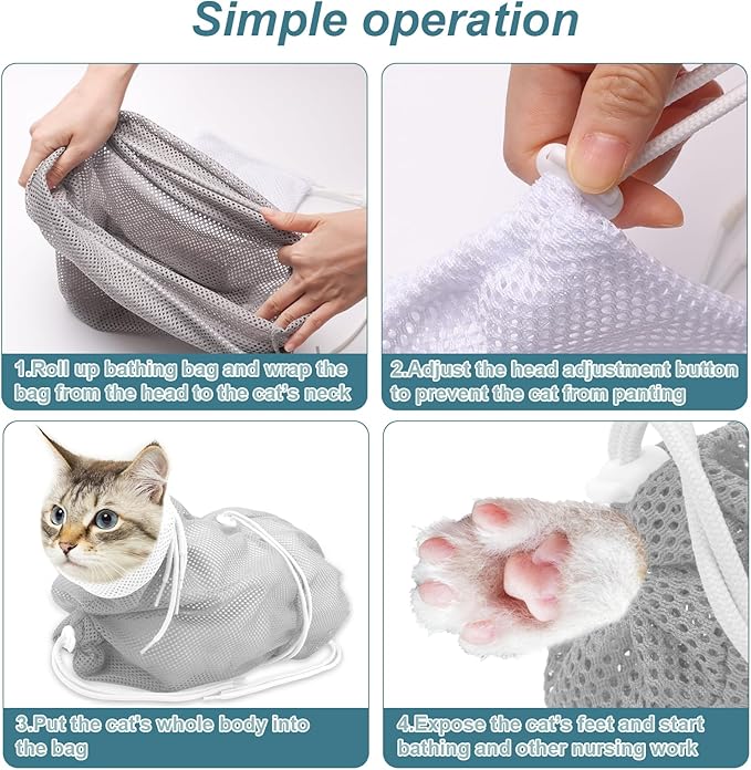 Cat Bathing Bag, Breathable Mesh Cat Shower Bag Anti Scratch Adjustable Grooming Bag for Nail Trimming Polyester Soft Washing Bag