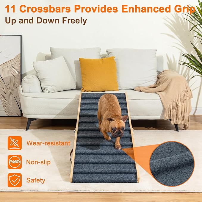 Clikuutory 2025 Upgraded Dog Ramp for Couch, 63" Foldable Small Dog Ramp for Bed, 5 Adjustable Height from 16" to 34", Portable Stable Pet Steps with Anti-Slip Carpet for Low Bed Couch Stairs, Wood
