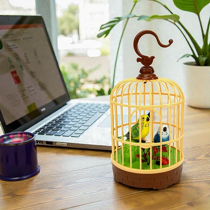 Singing Bird in a Cage Toy, Voice-Activated Induction Birdcage with Talking Chirping Parrot, Realistic Moving Animation, Lifelike Sound, Motion Sensor Music Box, Desk Room Decor (No battery included)