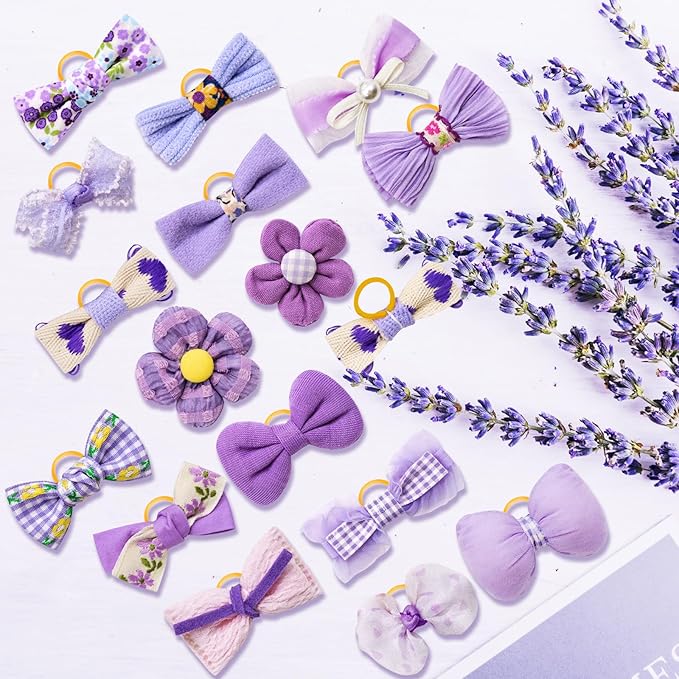 Mruq Purple Small Dog Hair Bows with Rubber Bands, Mix Handmade Cute Gooming Flower Ball Bows for Holiday Daily Accessories