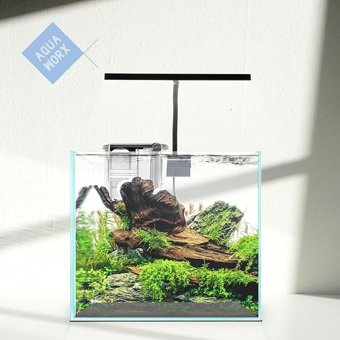 Cube Aquarium Starter Kit - Small Aquarium Kit - 2 Gallon Fish Tank, Black Leveling Mat, EOS LED Light, Glass Filter - Beginner Fish Tank Kit