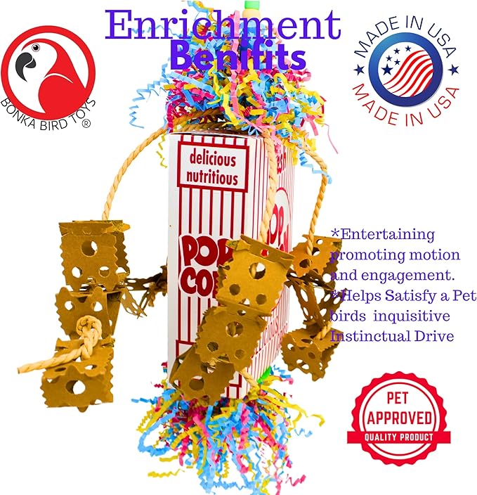 Bonka Bird Toys 2318 Popcorn Explosion 15" High by 5" Wide Medium Large Parrot Chew Bird Toy, Amazons, Conure, African Greys, and Other Similar Birds