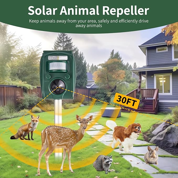 Deer Repellent Devices, Ultrasonic Solar Squirrel Repellen Outdoor, Animal Repellent 5 Adjustable Modes, Raccoon Deterrent, Rabbit Cat Dog Repellent with Motion Sensor for Yard