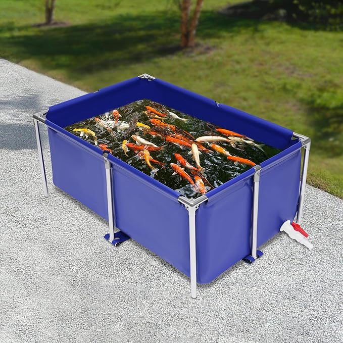 Thickened Canvas Fish Pond, Stainless Steel Frame Water-proof Coating Foldable Above Ground Large Koi/Goldfish Breeding Tank 47*31*19inch w/Drain Valve for Indoor/Outdoor Aquaculture (Blue & Silver)