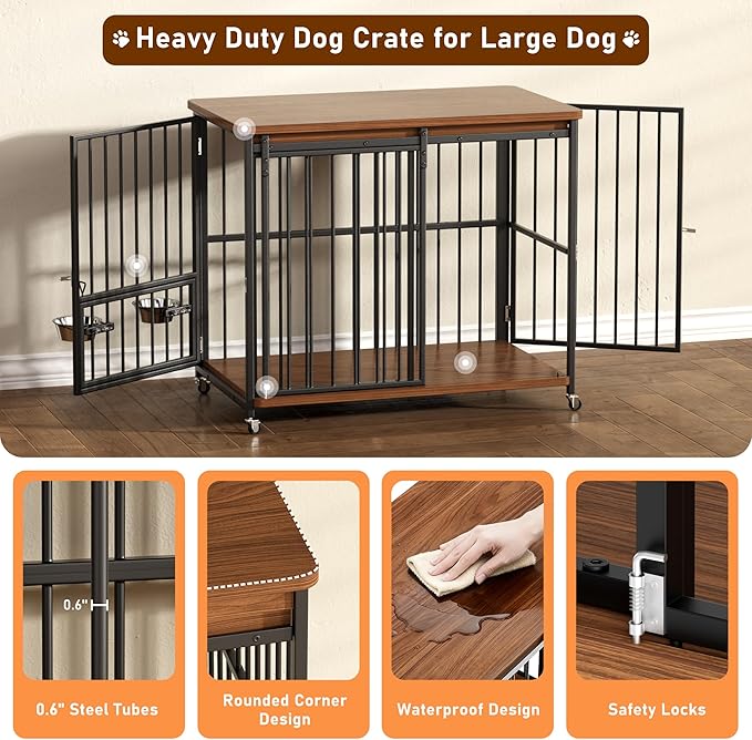 Dog Crate Furniture, 41’’ Wooden Dog Kennel Indoor with Sliding Front Door, Multi-Side Openings & Feeding Window Pet Cage House as TV Stand