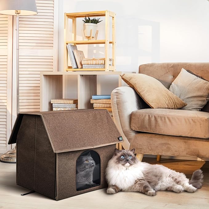 MIU COLOR Outdoor Cat House, Upgraded Large Weatherproof Cat Houses for Outdoor Cats, Insulated Feral Cat Shelter with Removable Soft Mat, Easy to Assemble,17.1" x 15" x 16.6", Brown