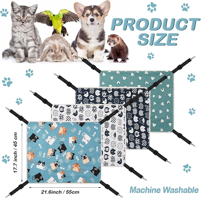 4 Pack Cat Hammock for Cage, Reversible Cat Hanging Hammock Soft Large Double Sided Pet Bed with Adjustable Straps & Metal Hooks for Cats Ferret Kitten Puppy Rabbits Small Animals