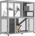 Catio Indoor Cat Enclosure on Wheels, 2-Tier Large Cat Catio for Multiple Cats, Wooden Kitty Cage with Resting Box, Platform, Sunshine Roof, Grey