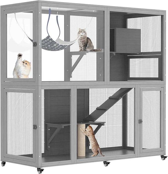 Catio Indoor Cat Enclosure on Wheels, 2-Tier Large Cat Catio for Multiple Cats, Wooden Kitty Cage with Resting Box, Platform, Sunshine Roof, Grey