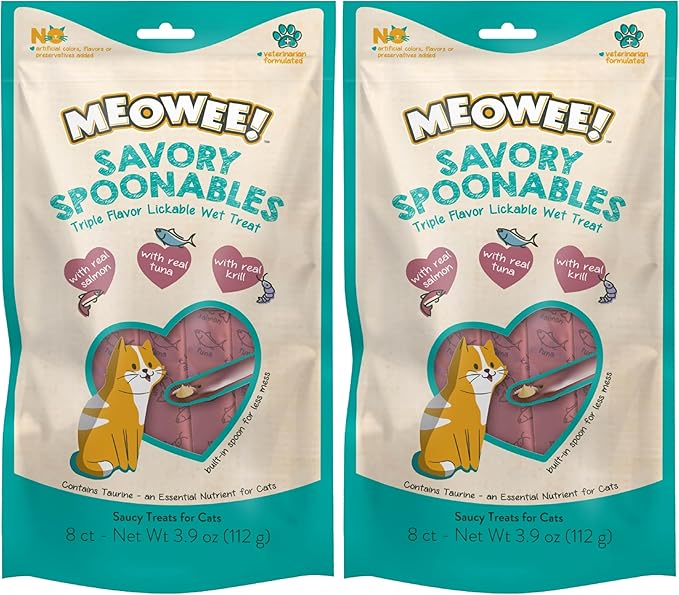 Savory Spoonables with Real Salmon, Tuna & Krill, 8 Count Tube, Triple Flavor Squeezable Lickable Wet Treats for Cats with Built-in Spoon for Less Mess (Pack of 2)