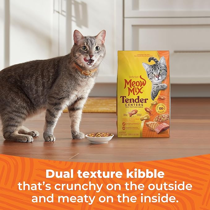 Meow Mix Tender Centers Salmon & White Meat Chicken Flavors Cat Food, 3 Pound (Pack of 4), Crunchy Outside Meaty Inside