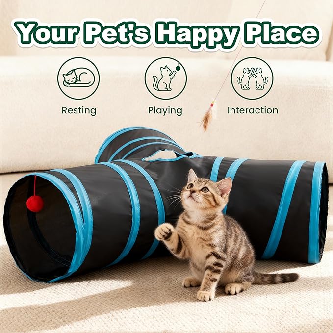 Love’s Cabin Cat Tunnel for Indoor Cats, 3-Way Collapsible Play Tunnel with Teaser Wand, Peek Holes & Toy Ball, Small Pet Toy for Kittens & Rabbits, Black & Blue, Medium Size
