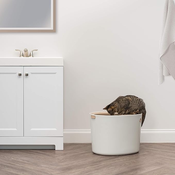 IRIS USA Large Top Entry Cat Litter Box with Lid Enclosed Covered Hooded Design Litter Catching Scatter Shield Pan Dog Proof Pet Proof Scoop Included Odor Control for Indoor Cats Kittens Beige/White