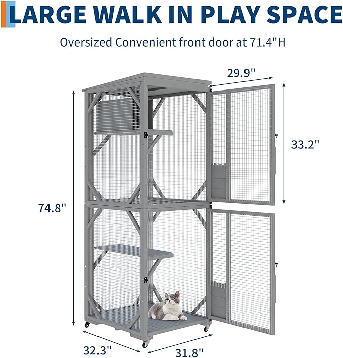Outdoor Cats House with 4 Wheels, Walk-in Cat Cage, Catio Outdoor Enclosure Extra Large