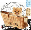 Dog Bike Basket Safe Portable Pet Bicycle Carrier for Small Dog Cat Natural Wicker with Protective Grille Luggage Rack Seat Ice Pad Comfort Cotton Cushion for Daily, Rides, Farmers'Markets Brown