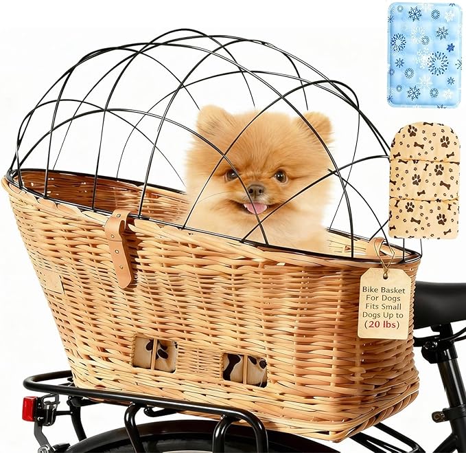 Dog Bike Basket Safe Portable Pet Bicycle Carrier for Small Dog Cat Natural Wicker with Protective Grille Luggage Rack Seat Ice Pad Comfort Cotton Cushion for Daily, Rides, Farmers'Markets Brown