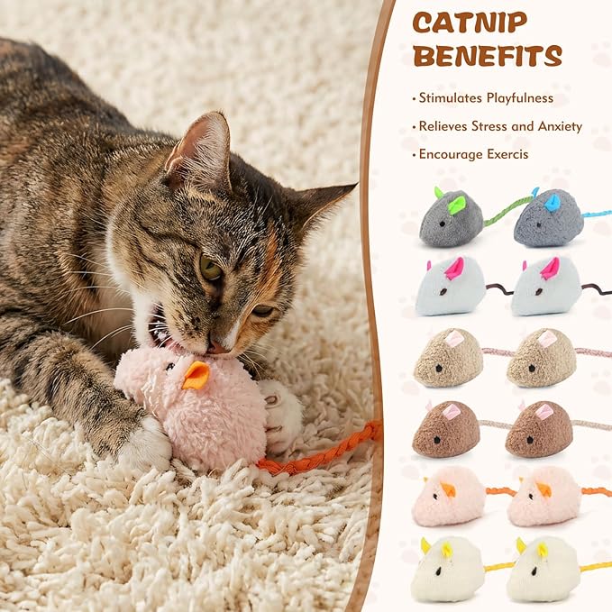 WRW 12PCS 2.36 Inch Cat Mice Toys, Prefilled Catnip Plush Catnip Toys, Realistic Design Interactive Cat Mouse Toys for Indoor Cats Play Fetch（7 Colors） (12)